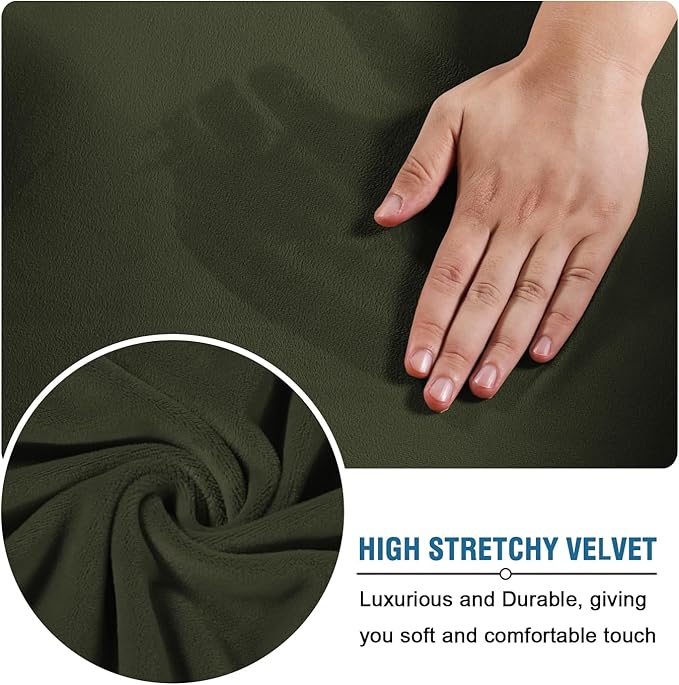 H.VERSAILTEX Modern Velvet Plush 4 Piece High Stretch Sofa Slipcover Sofa Cover Furniture Protector Form Fit Thick Velvet Sofa Cover for 3 Cushion Couch Width Up to 90 Inch (Sofa, Olive)