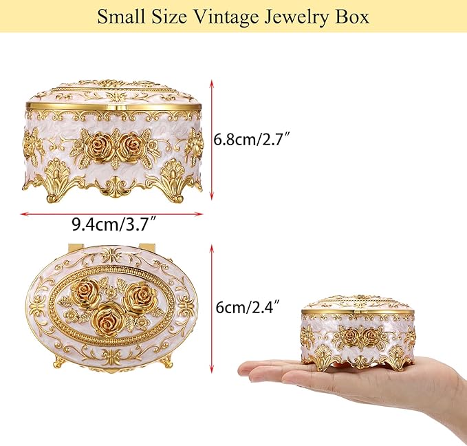 Hipiwe Vintage Metal Jewelry Box - Oval Trinket Organizer Ring Box Case with Rose Pattern Jewelry Storage Box for Ring Earrings Necklace, Gift for Women