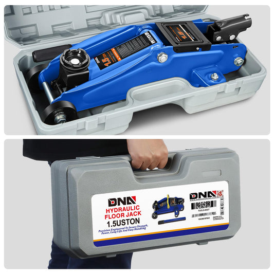 DNA Motoring 1.5 Ton Car Floor Jack Low Profile Hydraulic Trolley Service/Floor Jack, 1.5T / 3000 lbs Capacity, Lifting Range 5.3 Inch -12 Inch, with Storage Case, Blue, TOOLS-00327