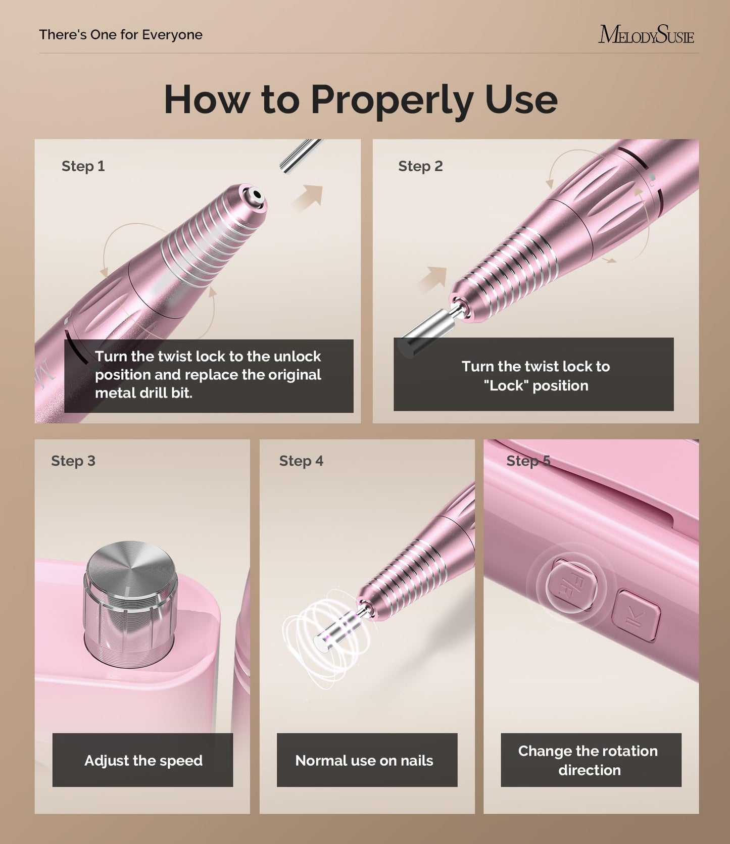 MelodySusie Entry-Level Clip-On Rechargeable Essential Nail Drill, SC300F 30000RPM E-File with LCD Display for All Manicure Shaping & Gel Removal, Ideal for Training,Nail Art Practice & Home Use, Pink