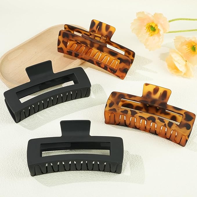 Extra Large Hair Claw Clips for Women, 5 Inch Hair Clips for Thick and Long Hair, 90's Non-slip Square Jaw Clips for Curly Hair, Strong Hold Bright Hair Clamps (Black, Tortoise)