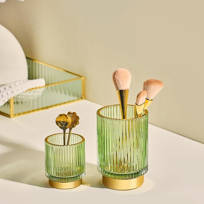 Makeup Brush Holder Organizer,Toothbrush Holders,Desk Pen Pencil Holder,Multifunctional Vintage Glass Brush Cup（S/Milky White/A3-US）