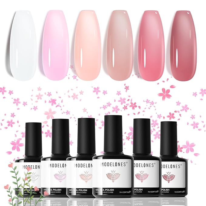 modelones Gel Nail Polish Set, 6 Colors Jelly Gel Polish White Nude Pink Neutral Translucent Nail Polish Soak Off LED Lamp Cured Soapnails Manicure Salon DIY Girl Women Gift