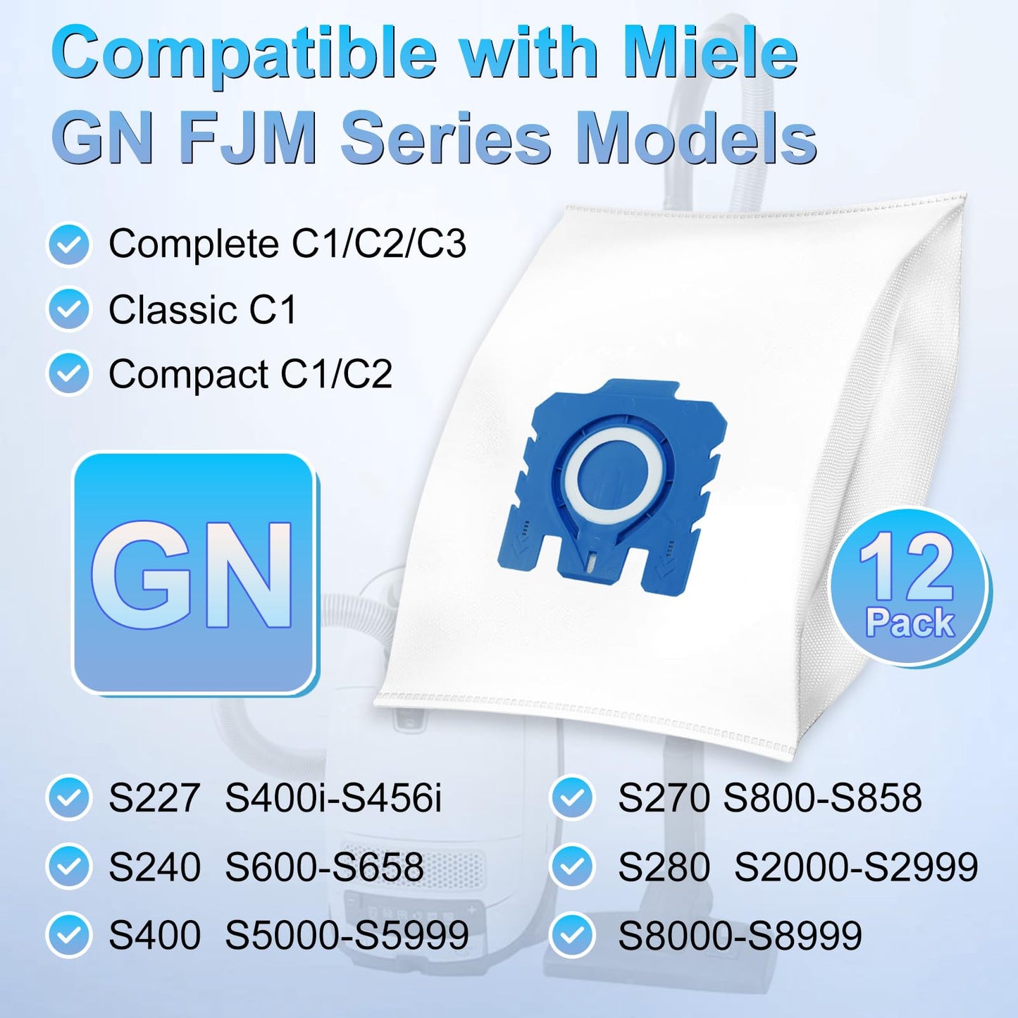 Upgraded 3D Airclean Dust Bags Replacement for Miele GN Vacuum Cleaner Bags for Miele Classic C1, Complete C1 C2 C3, S227, S240, S270, S280, S400, S2, S5, S8 Series Airclean Bags