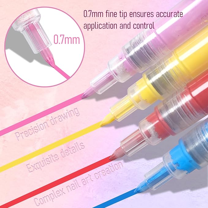 12 Color Nail Art Pens, 0.7 MM Nail Art Markers Nail Polish Pens Set Drawing Nail Paint Pens, Waterproof and Quick-drying Nail for DIY Design Manicure Design Tools
