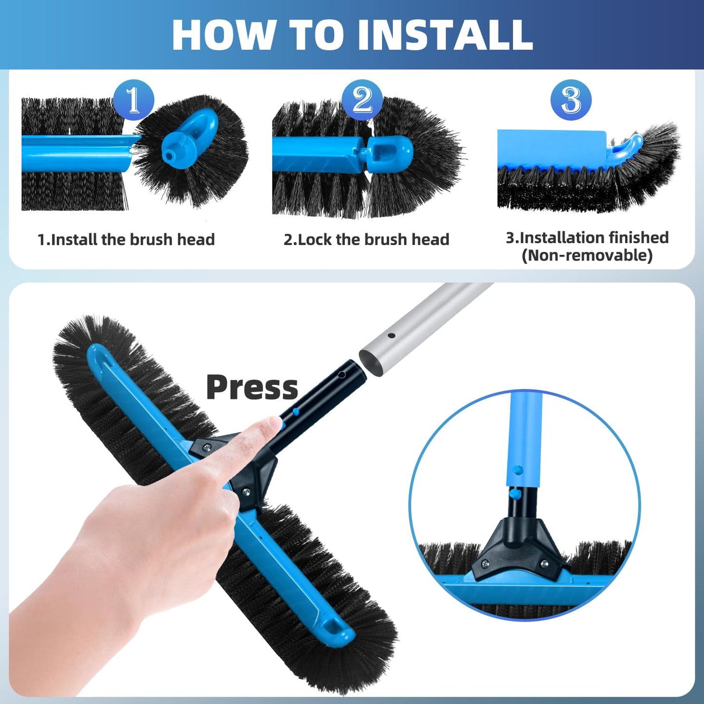 WXFANA 20" Wide Pool Brush Head, Heavy Duty Pool Cleaning Brush with 12-Rows Soft Bristles, Inground/Above Ground Pool Brushes with Curved Ends, Safe for Vinyl Liner
