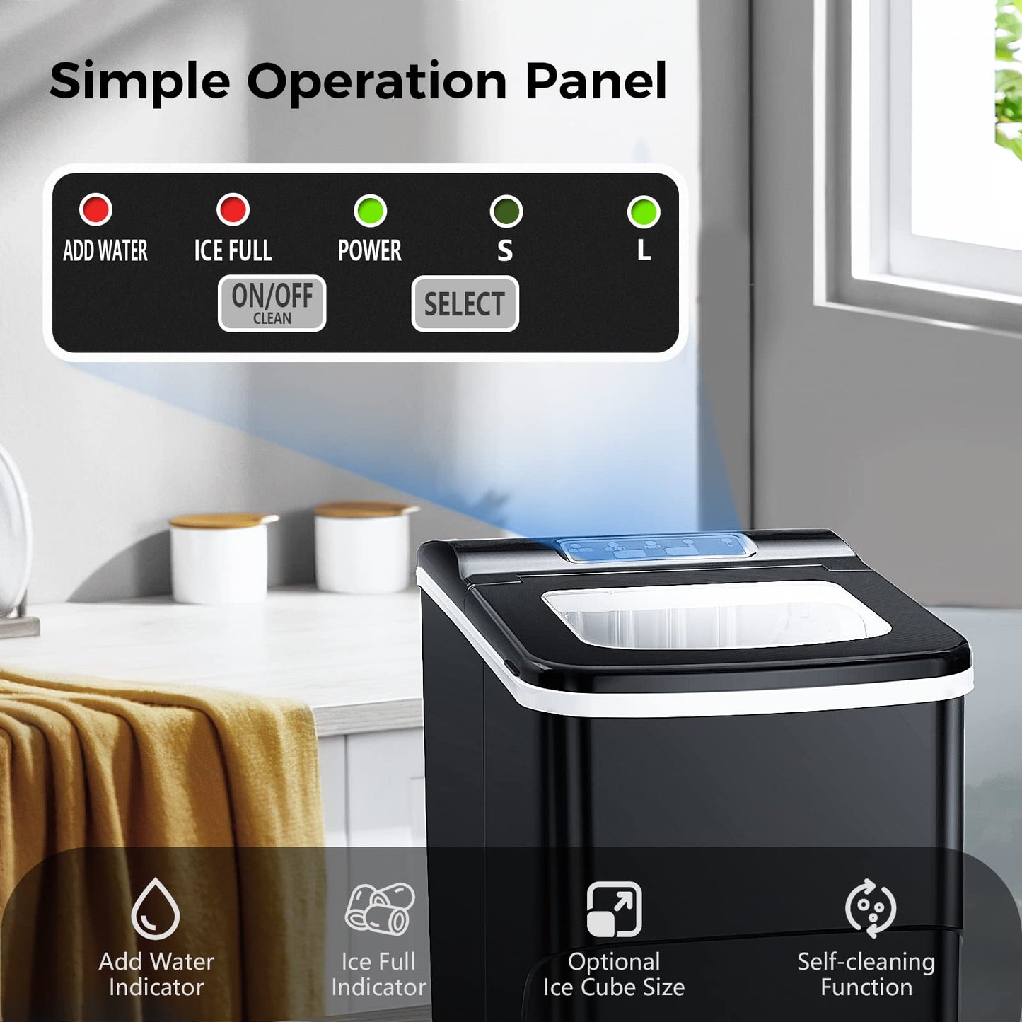AGLUCKY Ice Makers Countertop with Self-Cleaning, 26lbs/24hrs, 9 Cubes Ready in 6 Mins, Portable Ice Machine with 2 Sizes Bullet Ice/Ice Scoop/Basket for Home/Kitchen/Office/Bar/Party, Black