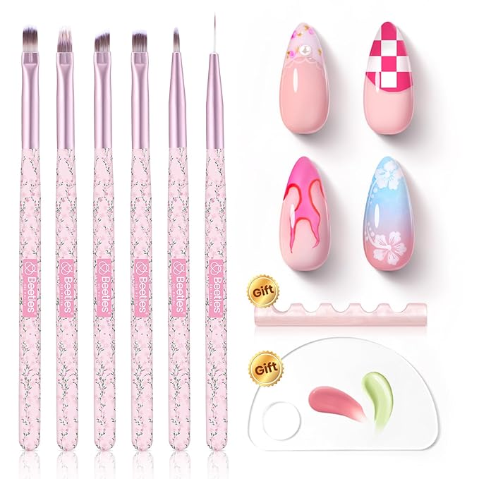Beetles Gel Polish Nail Art Brushes Set, 6 Pcs Fingernail Art Design Pen, Floral Pattern Handle, Gradient Bristles Nail Brush Set DIY with Palette Dotting Manicure Tool Kit