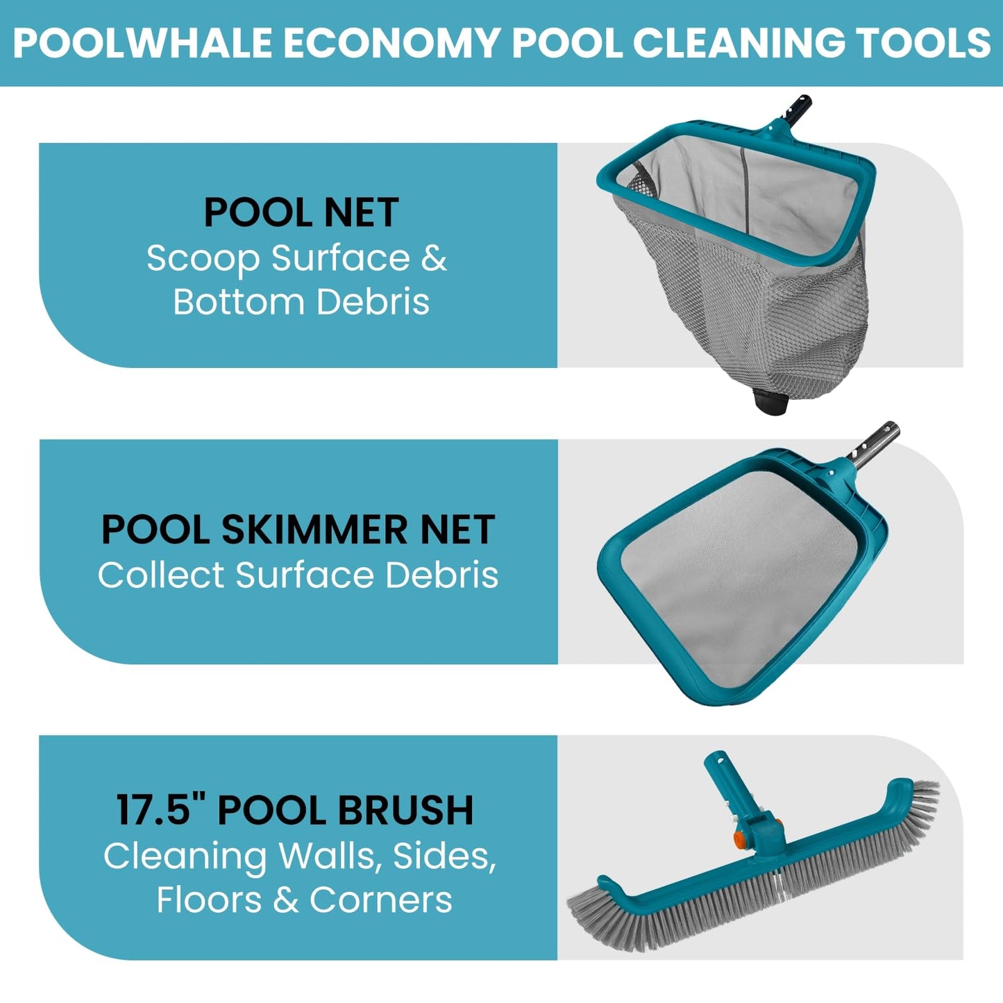 Economy Swimming Pool Cleaning Kit - Fine Mesh Deep Pool Rake & Leaf Skimmer Net, Rotatable Pool Brush Head for Cleaning Above Ground & Inground Pools (No Pole)