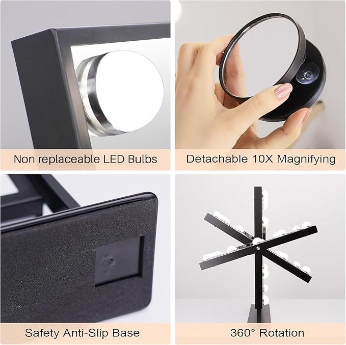 FENCHILIN Lighted Makeup Mirror Hollywood Mirror Vanity Makeup Mirror with Light Smart Touch Control 3Colors Dimable Light Detachable 10X Magnification 360°Rotation(Black)