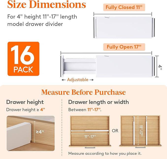 Lifewit 16 Pack 4" High Drawer Dividers 28-43.5cm/11-17" Adjustable Drawer Organizer for Clothes/Utensils, Expandable Drawer Separator in Dresser/Kitchen/Bedroom/Office Organization & Storage White