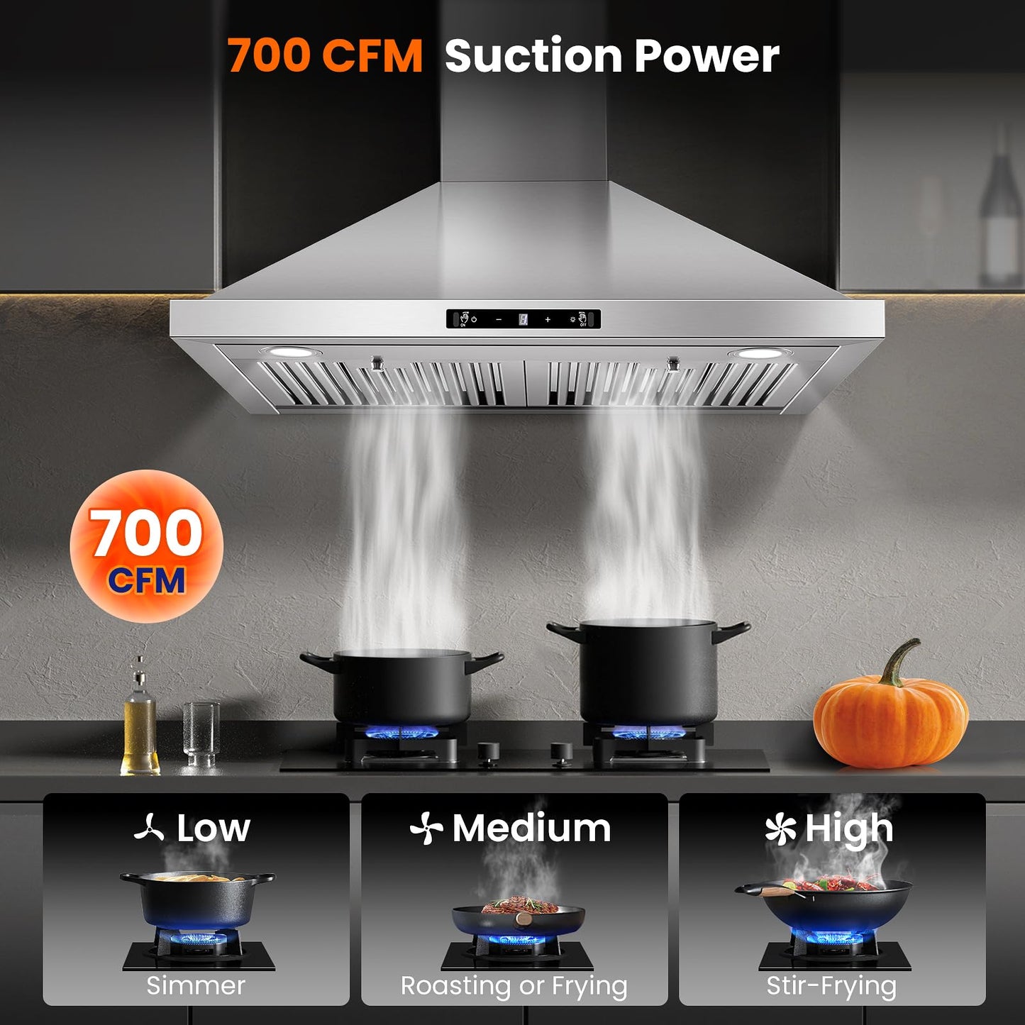 Wall Mount Range Hood 30 inch, 700 CFM Kitchen Hood Stainless Steel Stove Vent Hood with Gesture Sensing & Touch Control, Ducted/Ductless Convertible Duct, 3-Speed Fan, LED Lights, Baffle Filters