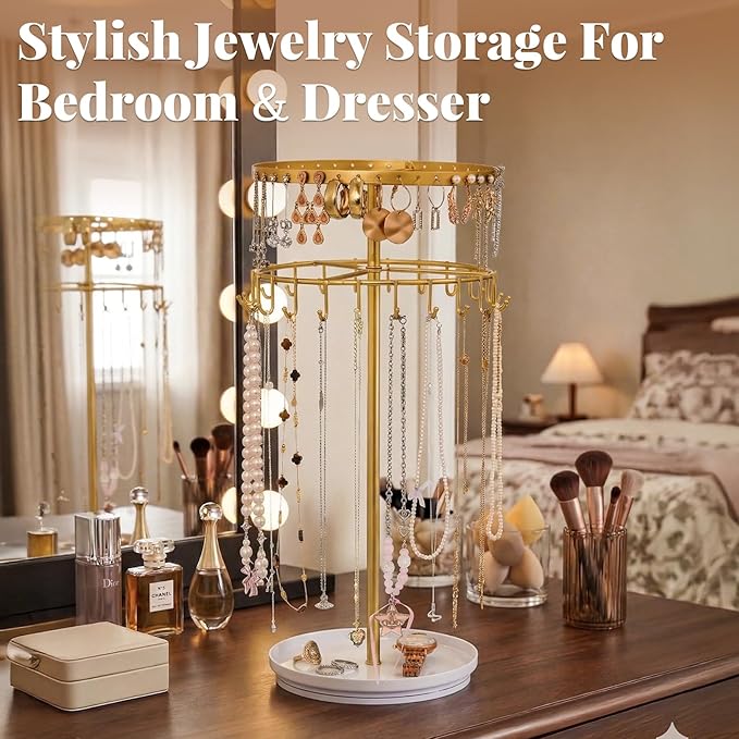 LANDNEOO Necklace Holder Jewelry Organizer, 360ÃÂ° Rotating 3-Tier Jewelry Stand Display, 14.3" Holds 80 Pcs, Earring Holder, Bracelet Ring Holder, Jewelry Organizer and Storage For Women Vanity Dresser