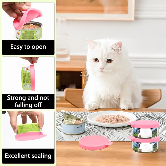 PINE & LINEN 4 Pcs 2.5inch Durable Pet Can Lids, Silicone Small Pet Can Covers Waterproof Cat Food Cans Lids for 3 oz Cat Food Cans（Pink）