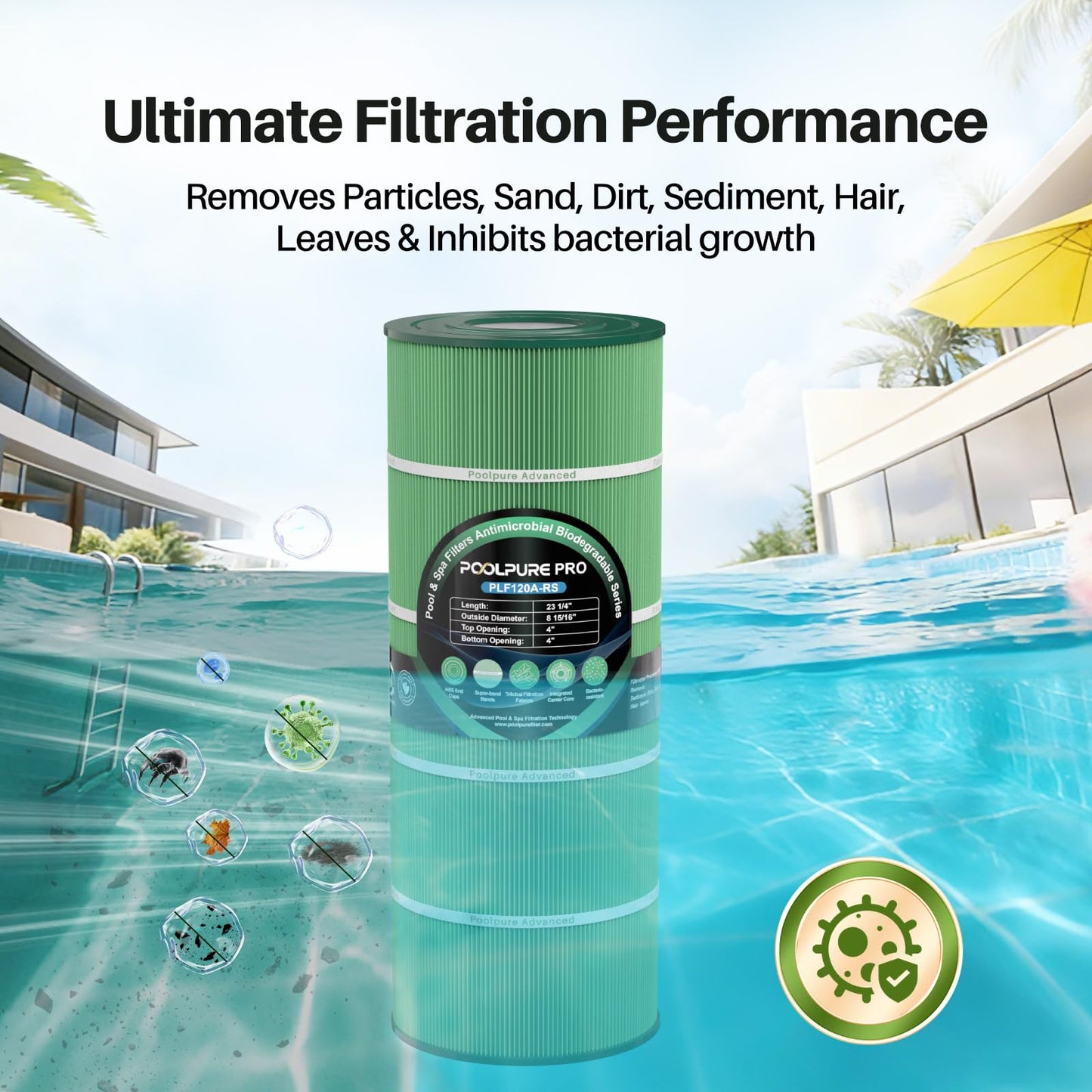 POOLPURE PA120 Antimicrobial Pool Filter, Compatible with Hayward C1200, CX1200RE, Pleatco PA120, Ultra-B2, Unicel C-8412, Filbur FC-1293, Clearwater II 125, Waterway Pro Clean PCCF-125