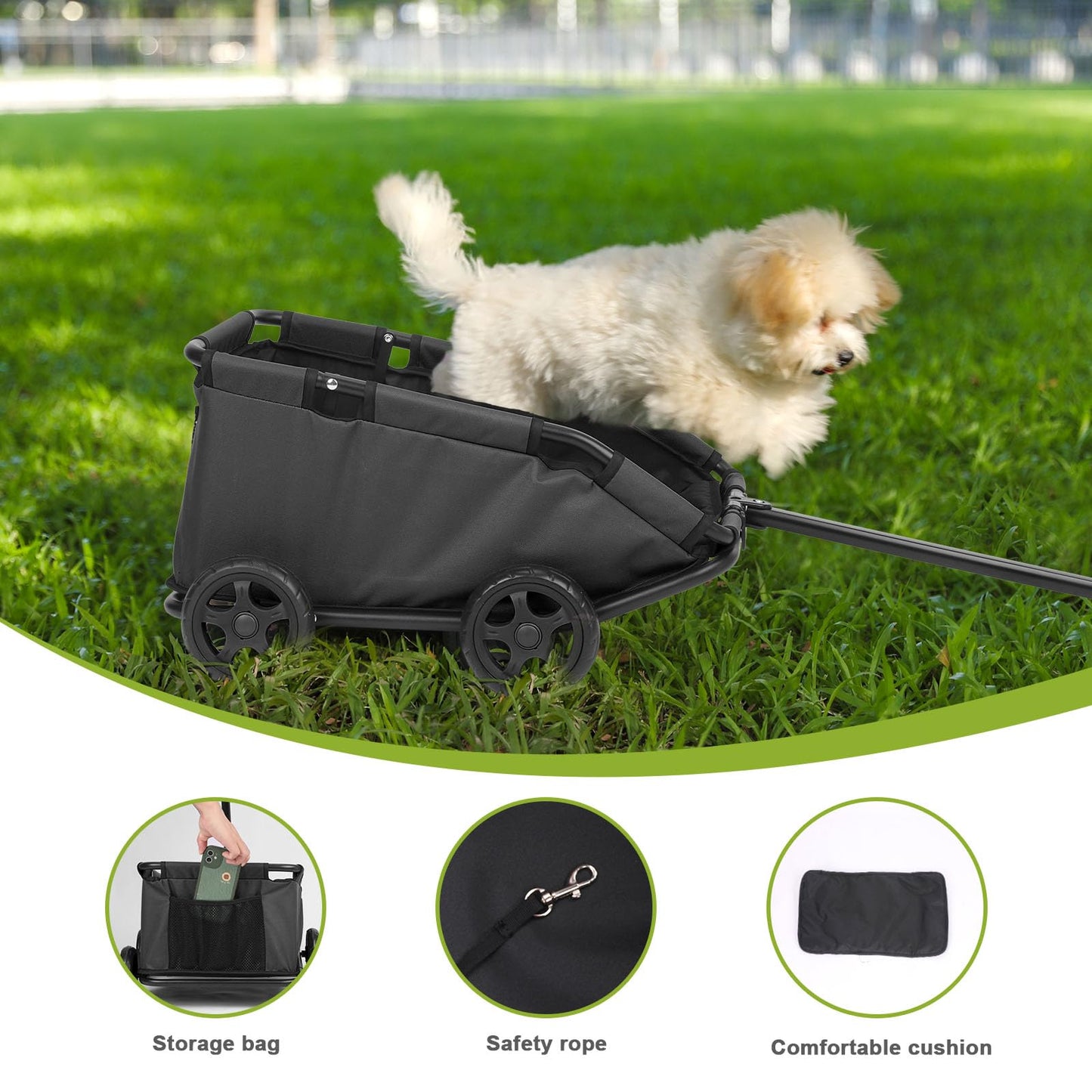 AESRAOU Mini Dog Strollers for Mini Pets, Foldable Multifunctional Shopping Carts with Extendable Pull Handle, Doggie Wagon Built-in Cushion and Safety Rope with Storage Bag (Black)