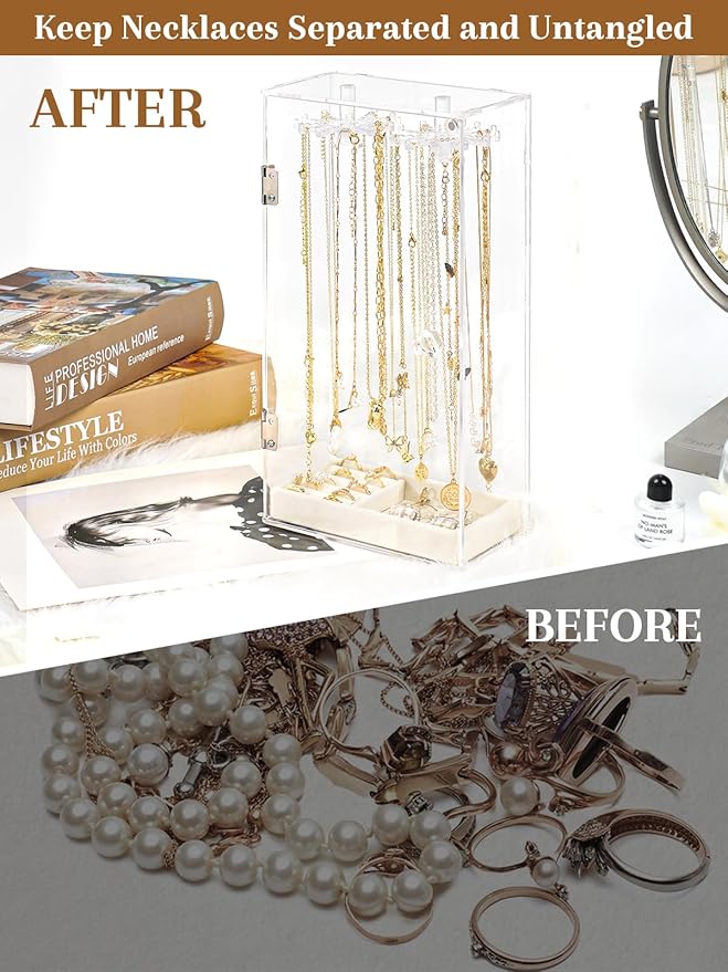 Necklace Holder, Acrylic Necklace Organizer, Rotatable Clear Jewelry Holder Organizer Display Case for Long Necklaces Pendant Bracelets, Jewelry Holder Box with Velvet Tray for Rings Earrings
