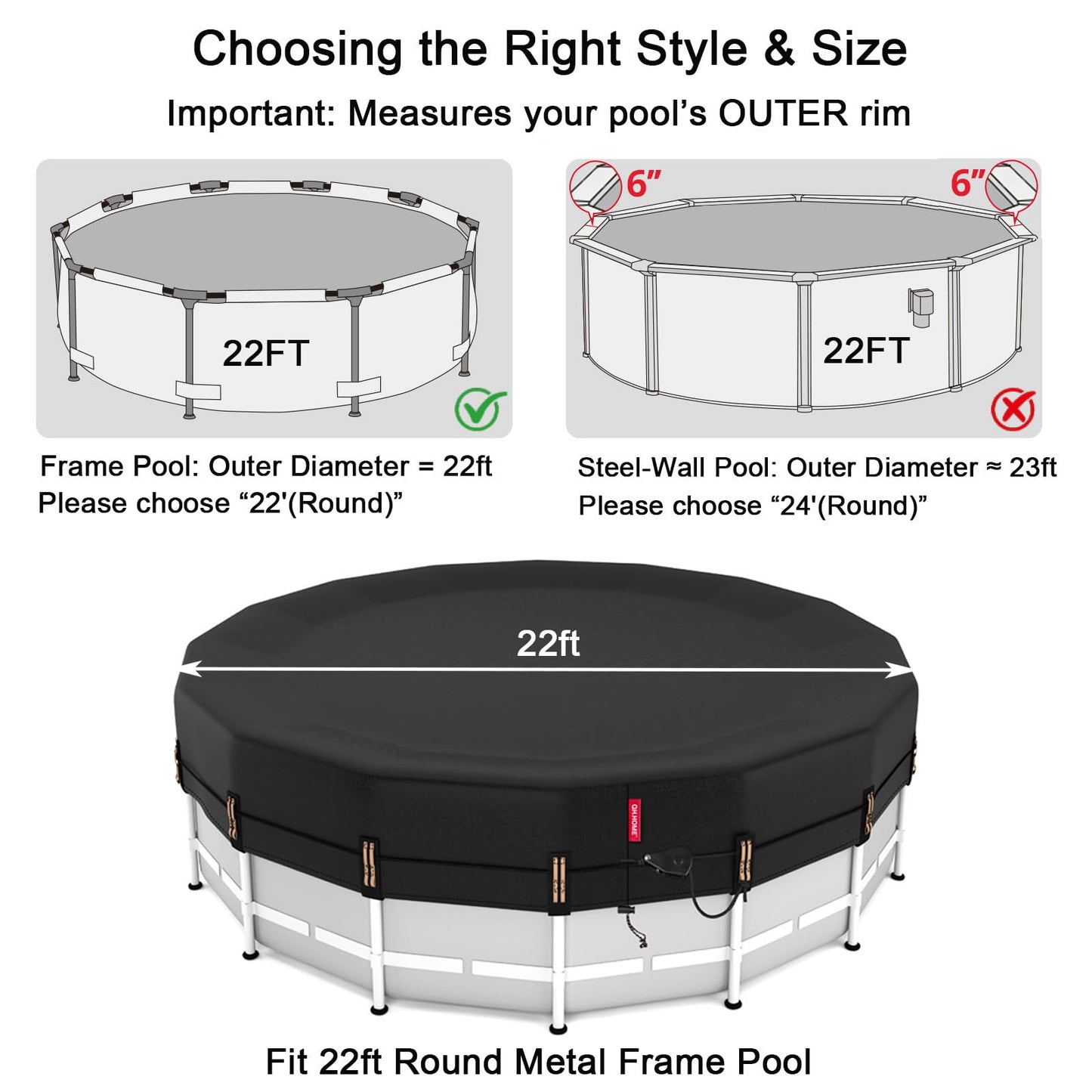 QH.HOME 22 Ft Round Pool Cover with Fast Tightening Patented Ratchet,Heavy Duty Winter Pool Cover for Above Ground Pools [Durable, Tear Resistant],PU Tarp Snug Fit for UV Protected