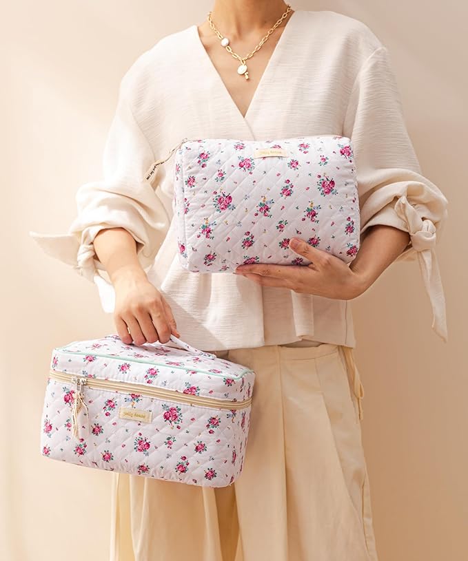 HBselect Quilted Makeup Bag, 3PCS Cotton Large Travel Makeup Bag, Cute Floral Coquette Make up Bag Cosmetic Bag Toiletry Bag for Women Girls