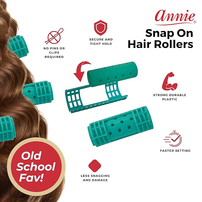 Annie Snap-On Magnetic Hair Rollers – Large 7/8 Inch with Locking Snap-Over Hood – Secure Hold No Pins Needed – Green, 10 Count