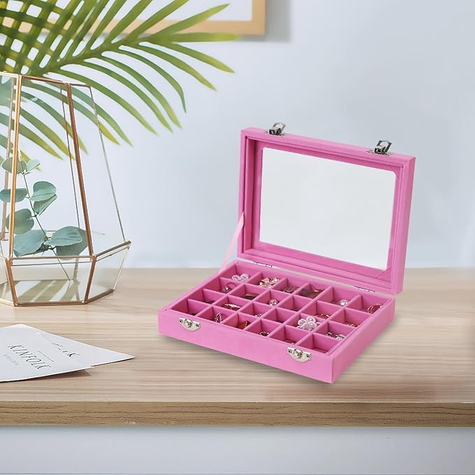 Velvet Jewelry Box 24 Grid Jewelry Earrings Display Organiser Box Ring Tray Holder Earrings Storage Case for Girls Wife Mom Women (Light Pink)