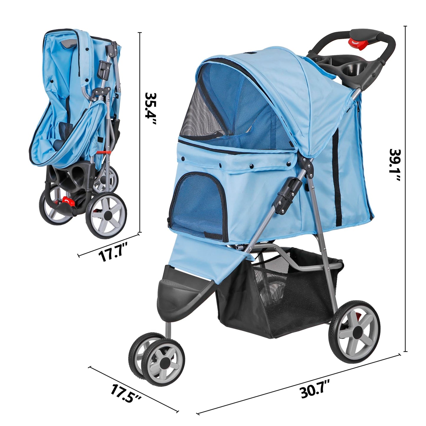 ZENY Foldable Pet Stroller, Cat/Dog Stroller with 3 Wheel, Pet Strolling Cart, Dog Travel Carrier with Storage Basket + Cup Holder (Blue)
