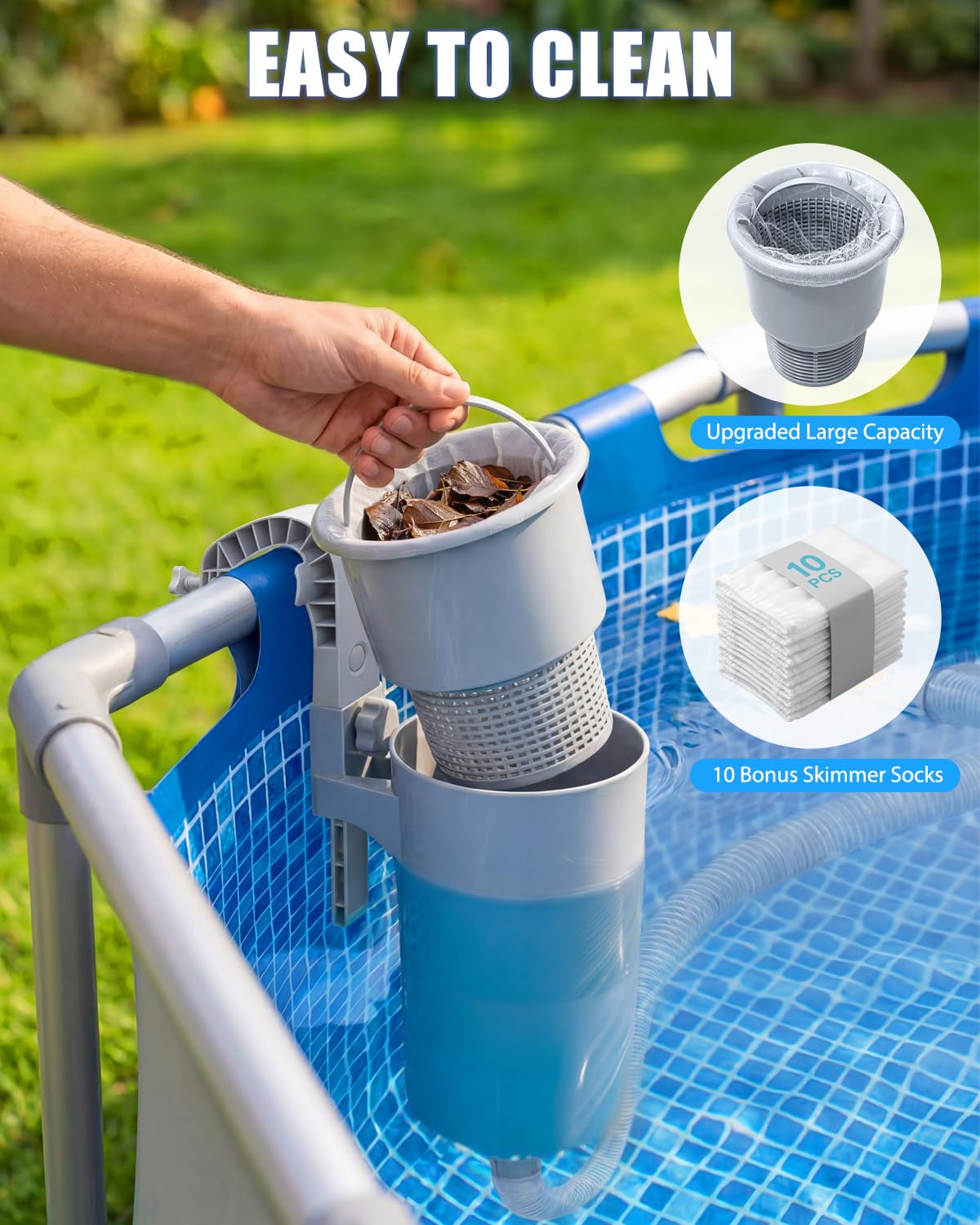 Juecity Pool Skimmer, Above Ground Pool Skimmer with 10 Pcs Skimmers Socks, Floating Pools Surface Skimmers Basket, Wall Mount Pools Maintenance Accessories for Inflatable and Metal Frames