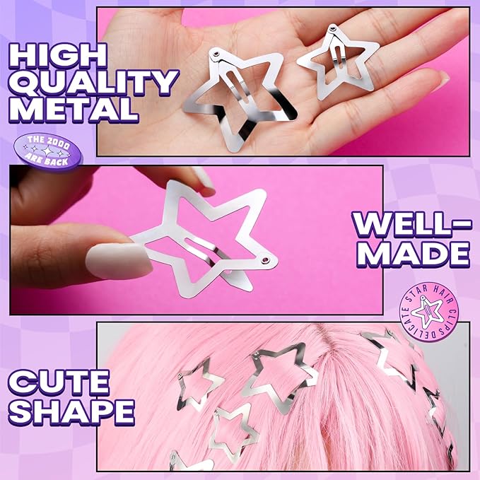 YGDZ Star Hair Clips and Barrettes Set - 20 pcs 1.22" Y2K Hair Accessories, 10 pcs 1.61" Silver Clips for Girls Women, Rave Accessories, Non-Slip Metal Snap Hair Clips