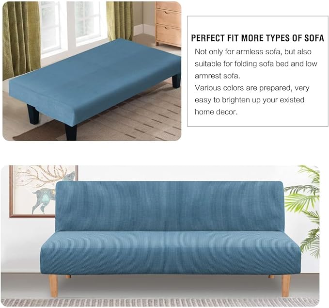 H.VERSAILTEX Armless Futon Cover Stretch Sofa Bed Slipcover Protector Elastic Feature Rich Textured High Spandex Small Checks Jacquard Fabric Futon Cover, Machine Washable, Dusty Blue