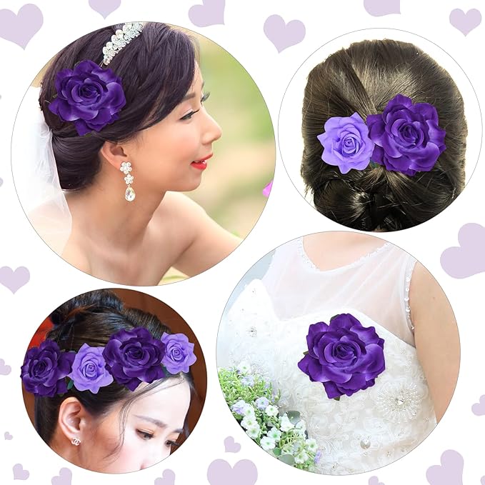 Rose Hair Clip Flower Hairpin Brooch Floral Clips, 4 Pcs Fabric Rose Flowers Hair Clips Mexican Hair Flowers Pin up Headpieces for Woman Girl Wedding Party Mother's Day (2 Sizes) (Purple)