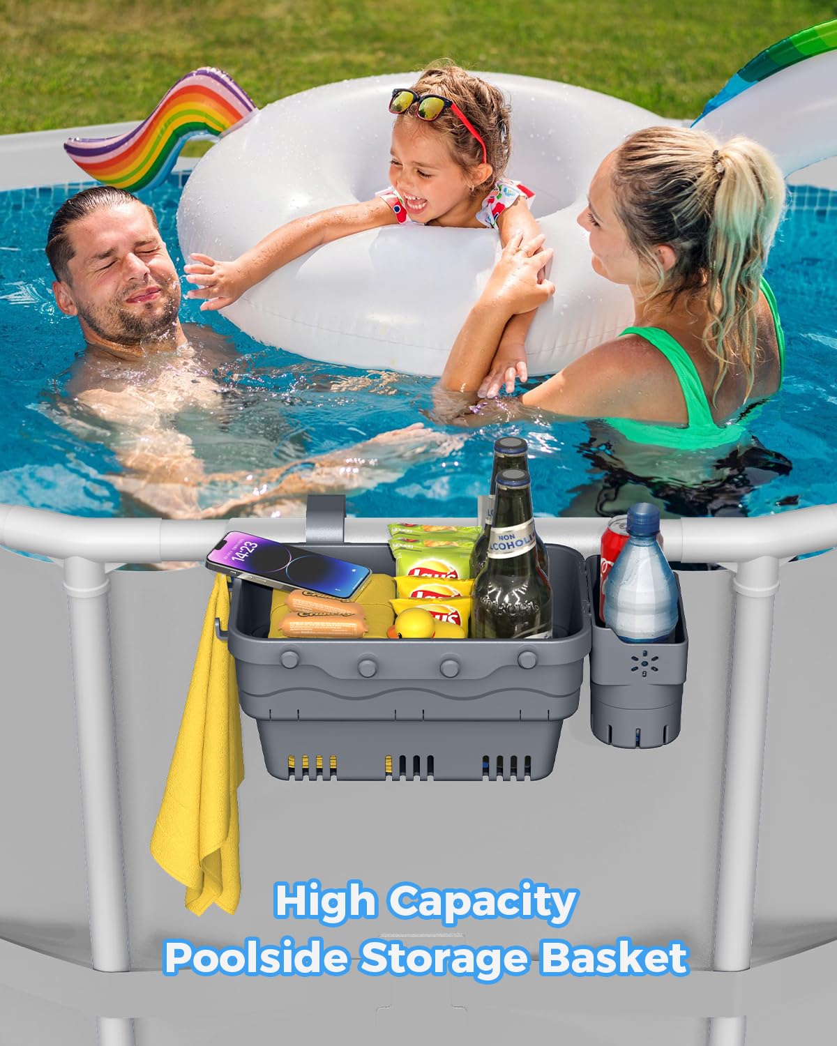 VICHTOP 2026 Upgrade 2 Sets Poolside Storage Basket, Above Ground Pool Accessories, Swimming Pool Storage Basket with Cup Holder, Mesh Bag and Support Bar to Organize Towel Pool Toy