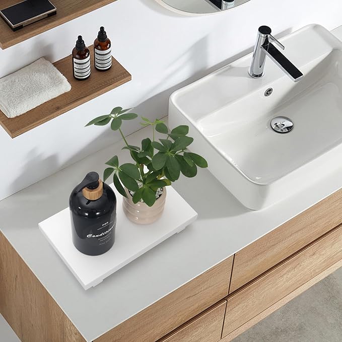 White Wooden Bathroom Counter Tray Organizer Small Wood Risers Pedestal Stand Kitchen Soap Dish Dispenser Holder for Bathroom Counter Decor Farmhouse Bathroom Sink Accessories Modern Vanity Tray