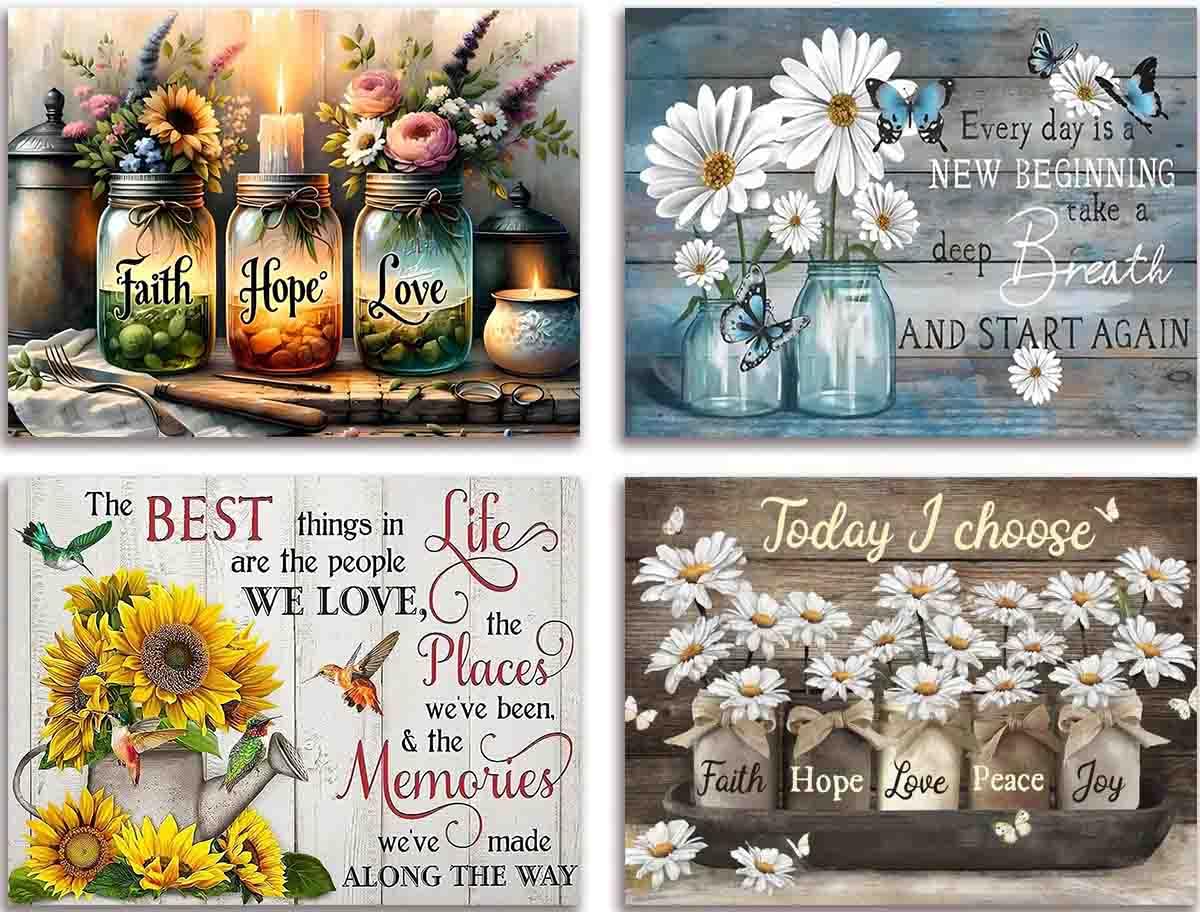 Tiwabb 4 Pack Diamond Art Kits for Adults Beginners,Inspirational Flower Diamond Painting Kits for Adults,5D Full Drill DIY Diamond Dot Gem Art Kit Wall Home Decor Arts Craft 12x16 inch