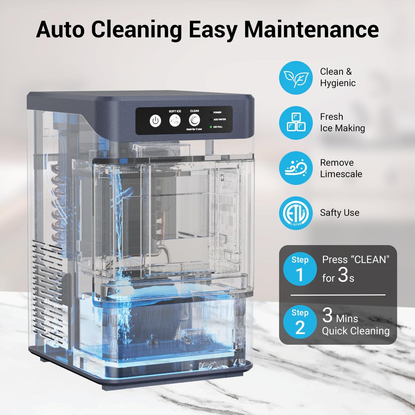 Countertop Nugget Ice Maker with Water Tank, 40 lbs/24H, 5-8min Ready, Self-Cleaning, Chewable Pellet Ice, Stainless Steel Counter Table Ice Machine for Home, Office, RV, Camping