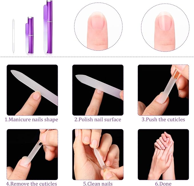 Mudder 6 Pack Crystal Glass Fingernail File with Case for Natural Nail and Cuticle Pusher Dual Ended Manicure Stick Set Nail Care Large Small Portable Tool Gift for Women Pastel Green Violet(Purple)