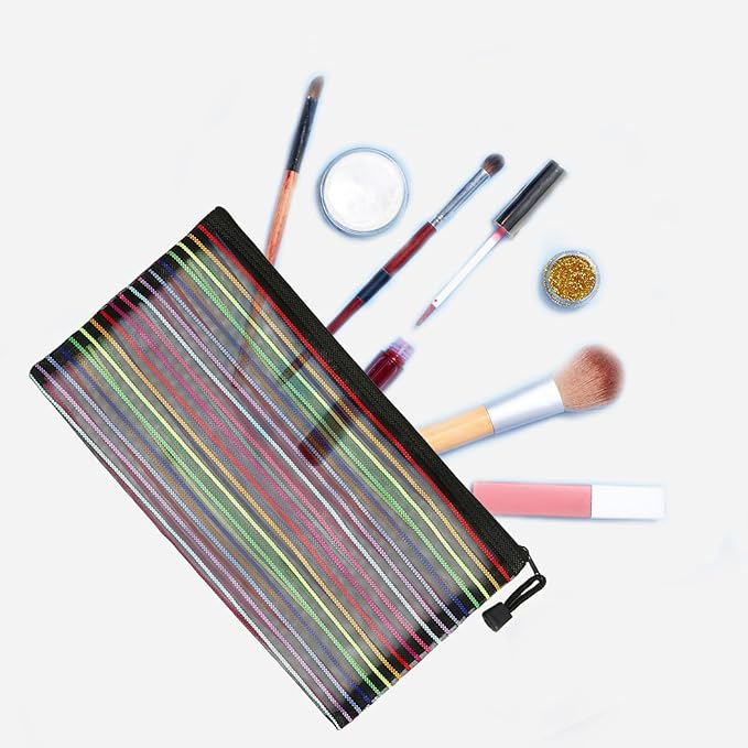 Mesh Bags with Zipper (6 Pack), Nylon Makeup Bag Cosmetic Pouches Travel Organizer Case for Purse Diaper Bag Home Organizing Striped Multi Size Black