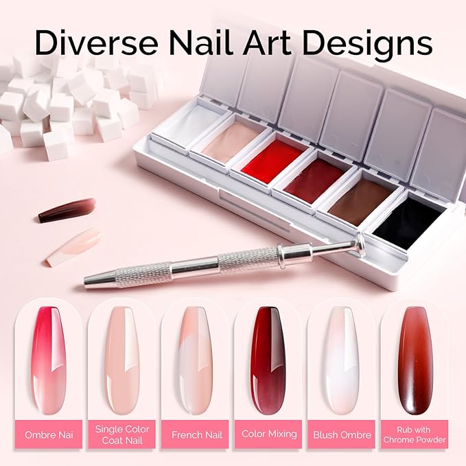 MelodySusie Gradient Painting Gel, 6 Colors Autumn Winter Ombre Gel Polish with 100 Sponges&Metal Grabber Set for Aura Nails, French Manicure, No Wipe, Soak Off UV, DIY Nail Art Palette Caramel Brown