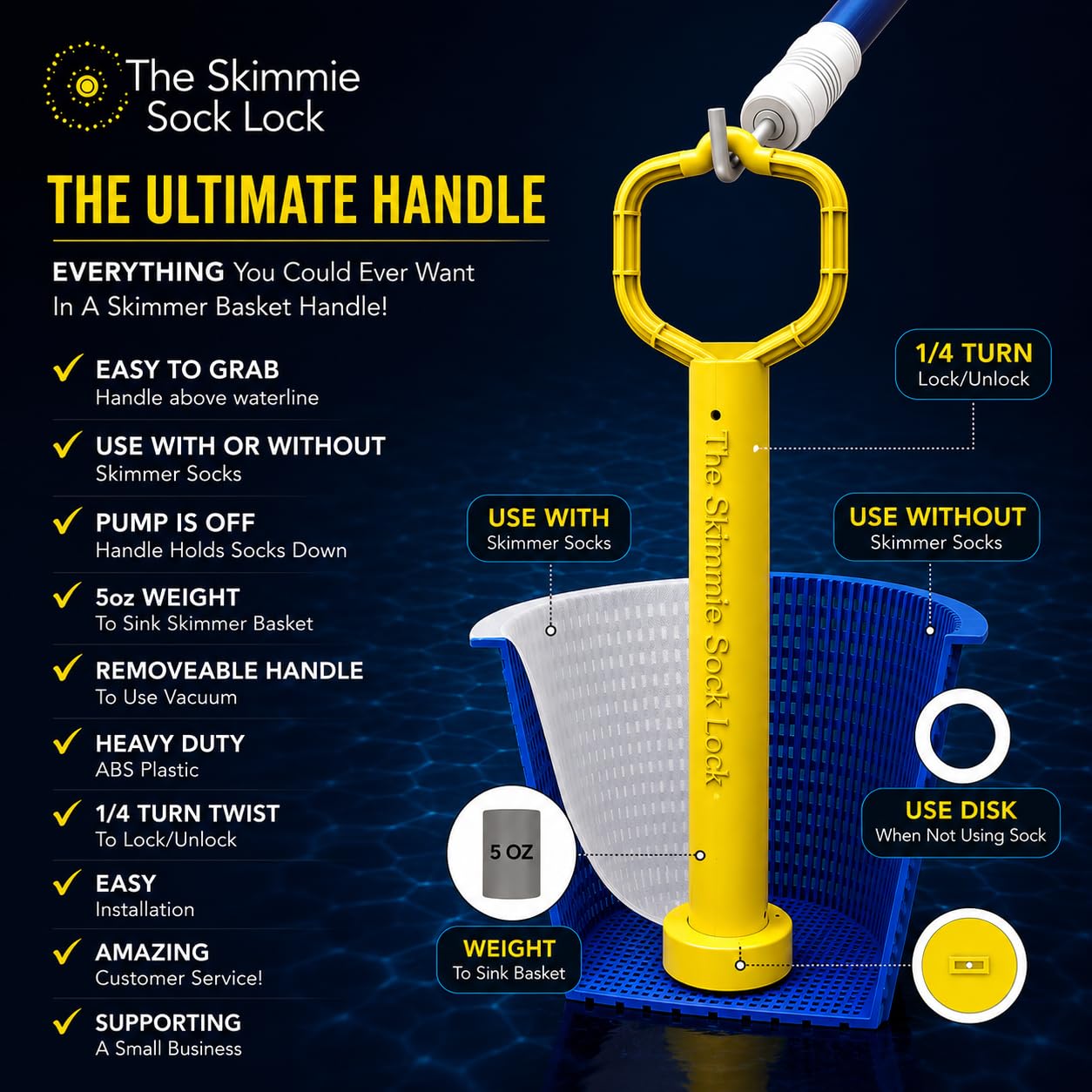 Skimmie Sock Lock - Ultimate Pool Cleaning Convenience: Removable Handle for Skimmer Socks Keeps Debris in, Even When Pump's Off