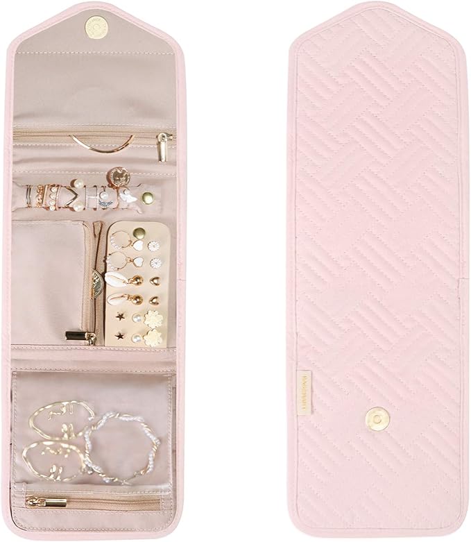 BAGSMART Travel Jewelry Organizer Case Foldable Jewelry Roll for Journey Rings, Necklaces, Earrings, Bracelets,Mini,Light Pink