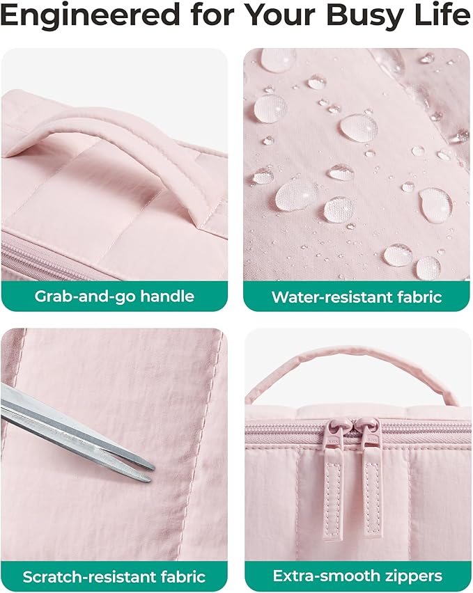 BAGSMART Travel Makeup Bag for Women, Portable Water-resistant Cosmetic Case, Puffy Padded Make Up Organizer Pouch, Open Flat Toiletry Bag for Toiletries, Brushes, Coffee