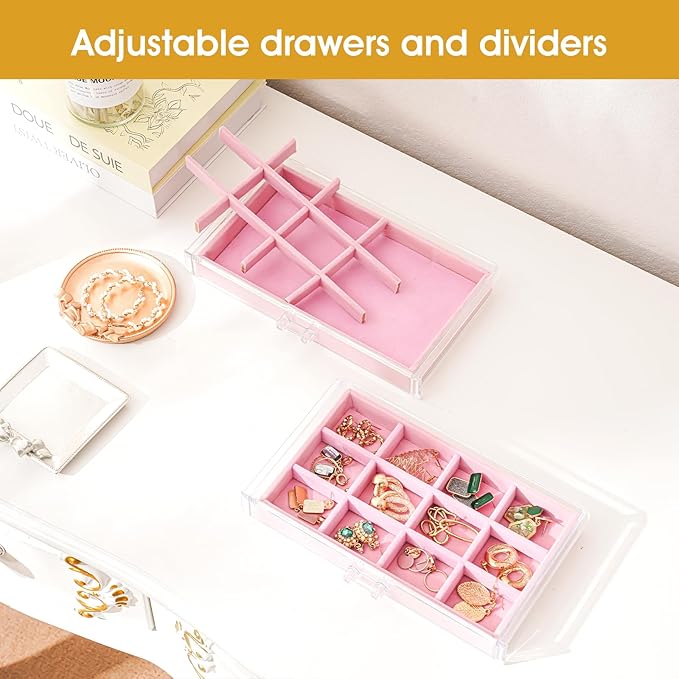 ProCase Earring Holder Organizer Jewelry Box with 8 Drawers, Acrylic Clear Earring Case with Adjustable Velvet Trays for Women - Pink, 8 Layers