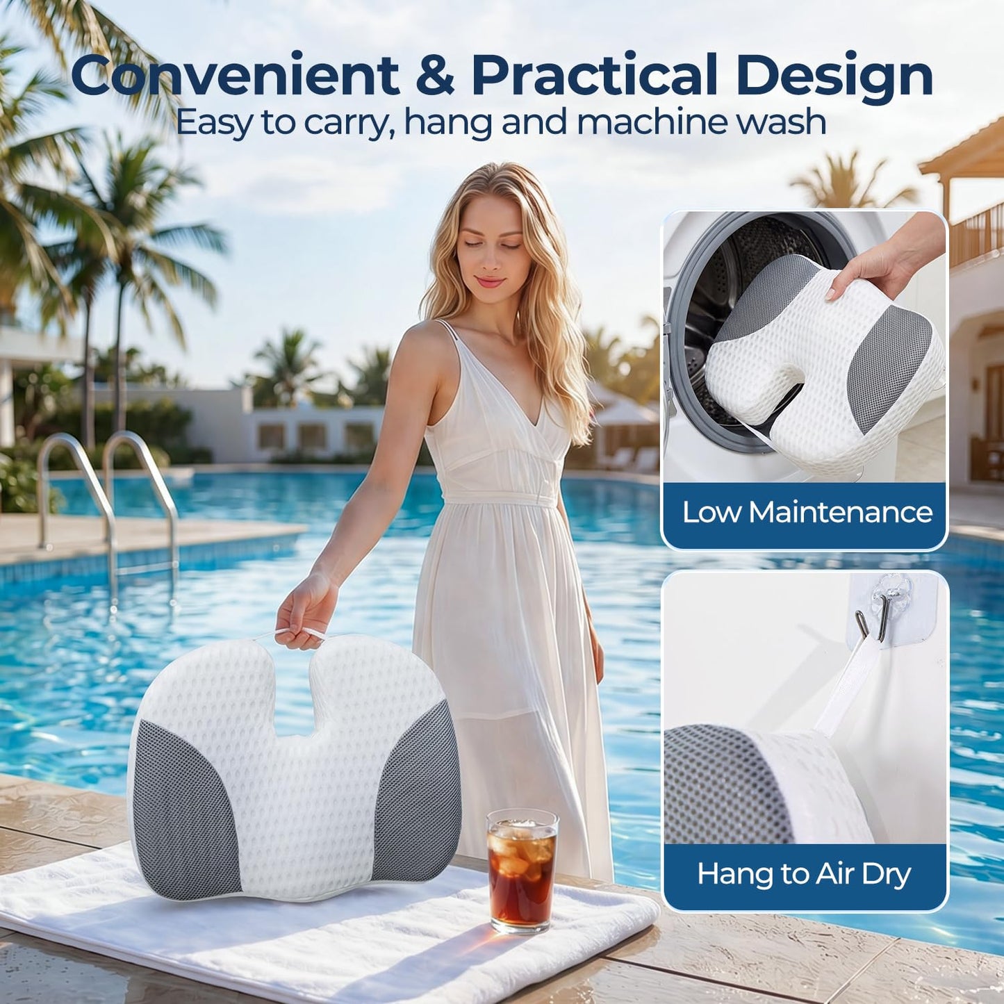 Idle Hippo Hot Tub Booster Seat, 4D Air Mesh Hot Tub Pillow with 6 Powerful Non-Slip Suction Cups, Ergonomic Booster Cushion, Quick Dry Spa Pillow Hot Tub Accessories for Adults Indoor Outdoor-White