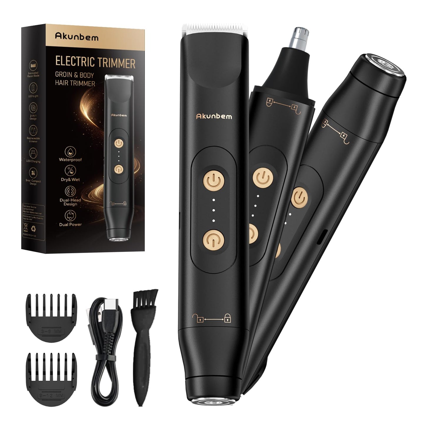 Akunbem Groin & Body Hair Trimmer for Men Bikini Trimmer Women Electric Ball Pubic Shaver IPX7 Waterproof Wet & Dry Use Versatile Shaver for Temple Groin Nose Ear Hairs Beard (Black)