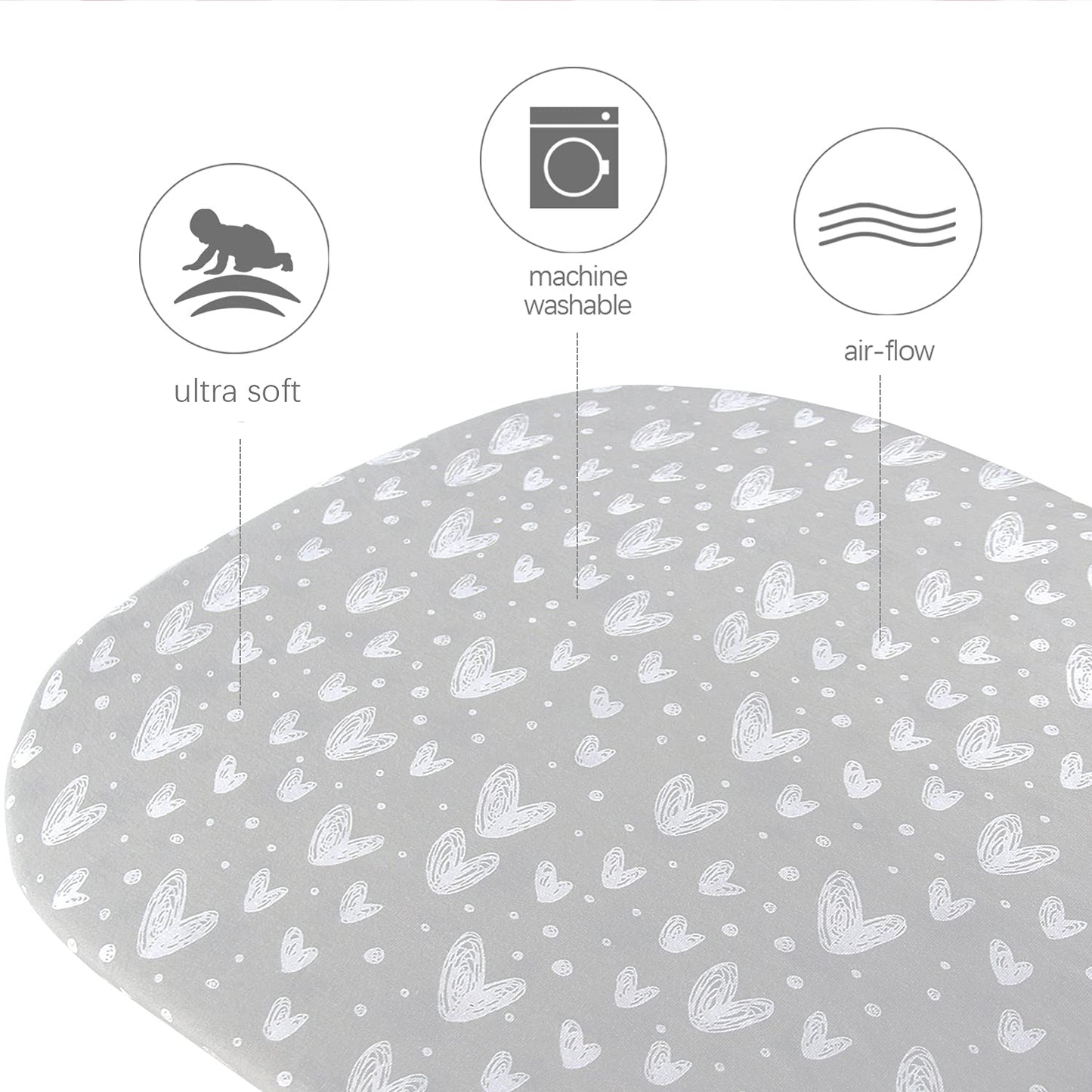 Bassinet Sheets Compatible with Ezebaby, whiffee, Nawahev and besrey Bassinet Bedside Sleeper, 2 Pack, 100% Cotton Fitted Sheets, Grey and White Print for Baby