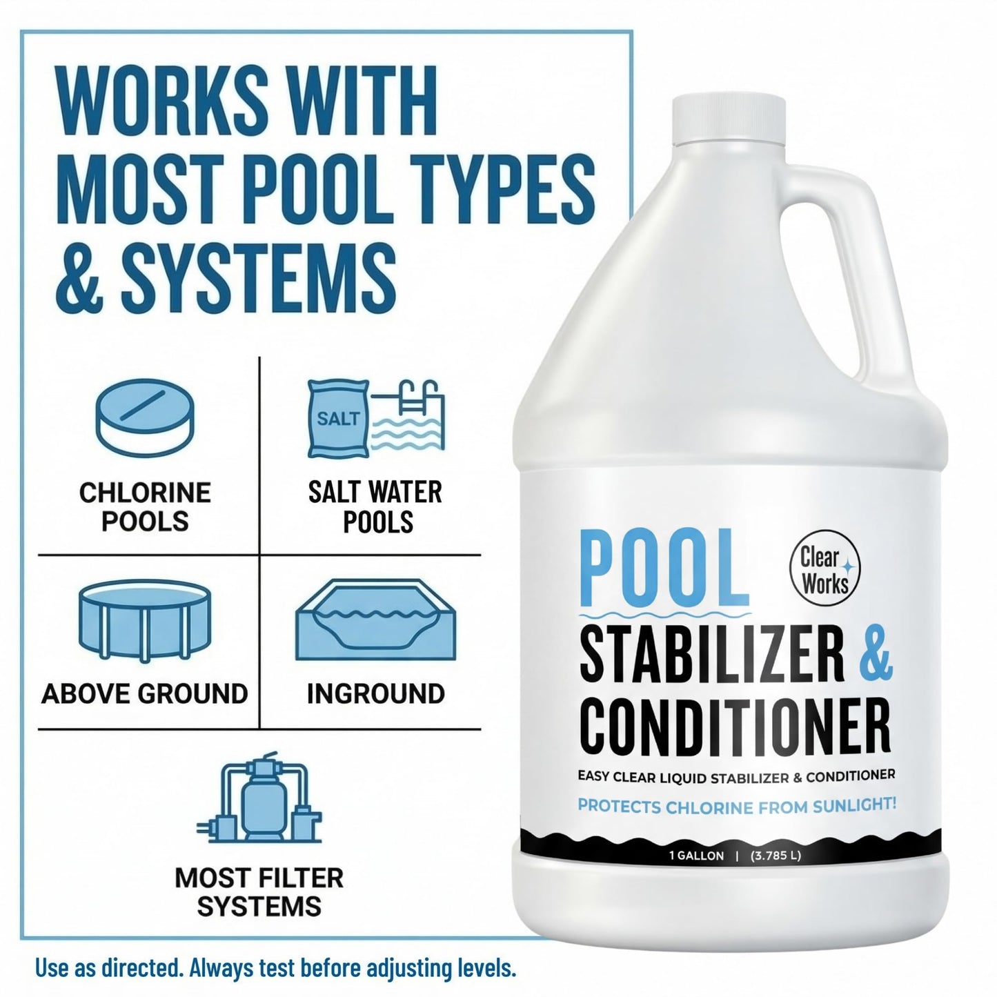 Clear Works, Pool Stabilizer - Cyanuric Acid Pool Stabilizer, Liquid Chlorine Stabilizer for Pool Chemicals, Swimming Pool Conditioner Stabilizer, for Salt Pool & Chlorine, 1 Gallon