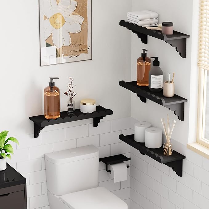 QsQueen Scalloped Wood Wall Shelf Ã¢ÂÂ 17 Inch Floating Shelf with Wood Brackets, Easy to Install Rustic Wall Shelf for Living Room, Bedroom, Bathroom, or Any Space, Black Shelves