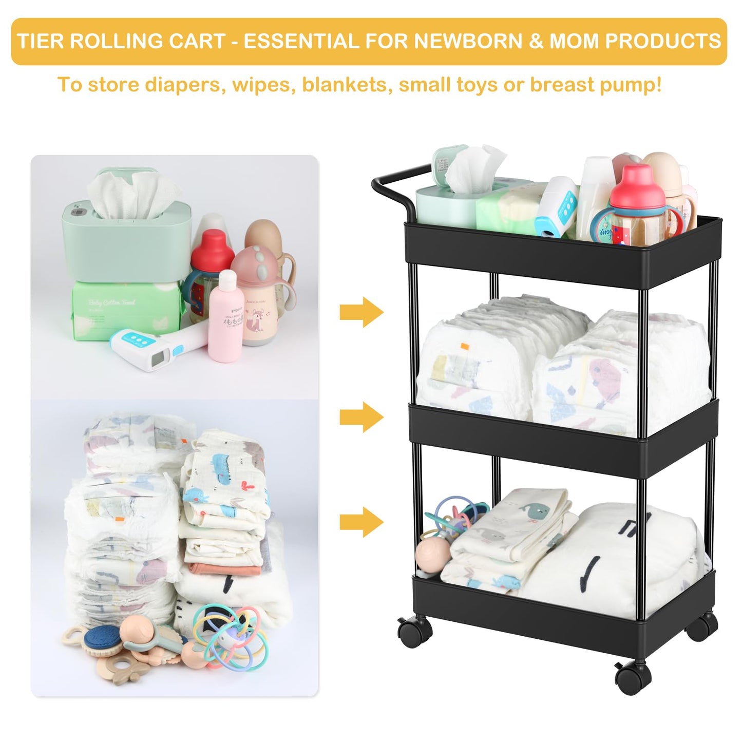 Volnamal Diaper Caddy - Plastic Diaper Organizer for Nursery Essentials, Baby Organizers and Storage, Movable Cart for Changing Table & Crib, Baby Registry Search, Black
