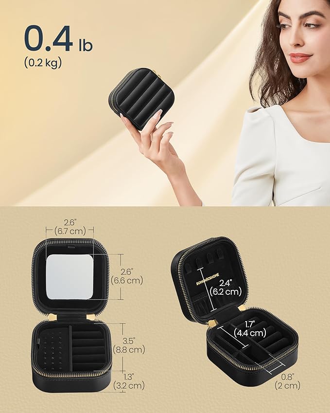 SONGMICS HOME Travel Jewelry Case, Small Jewelry Box Organizer with Mirror, 4.1 x 4.1 x 2.4 Inches, Stitching, Portable, Gift Idea, Ink Black UJBC179B01