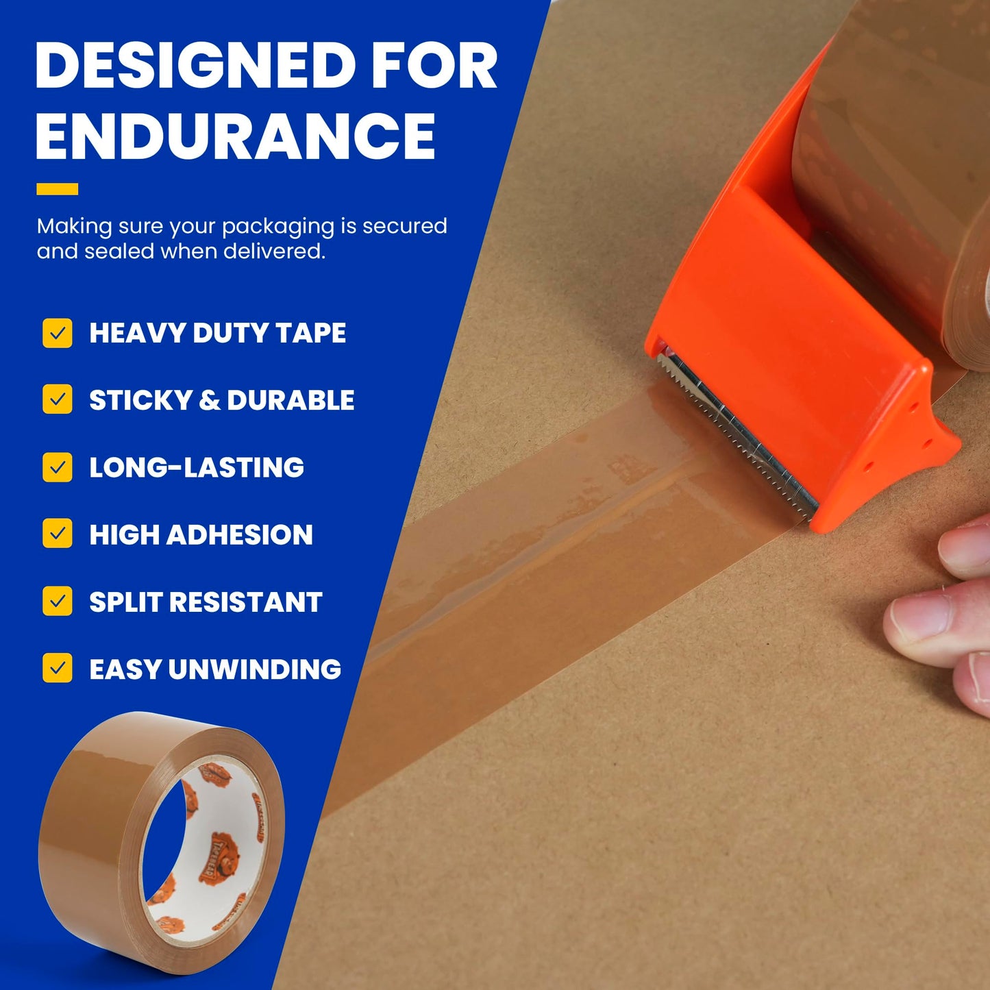 TAPEBEAR Brown Packing Tape with Dispenser, 2.6mil Thick, 1.88" x 55Yard Secure Sticky Brown Tape Heavy Duty Packaging Tape Refills for Carton Sealing, Shipping, Mailing & Storage