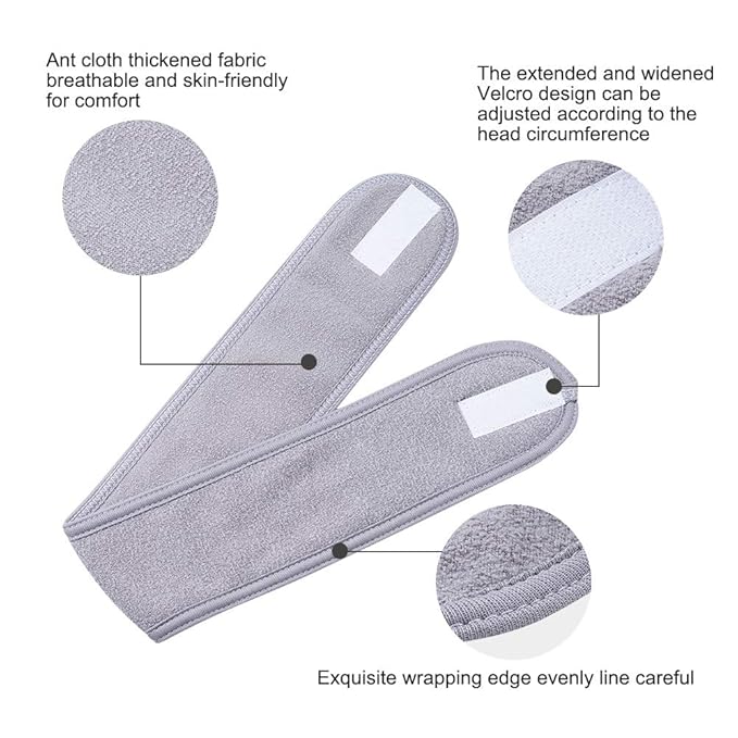 4 PCS Facial Spa Headbands(White, Black, Pink，Gray)， Makeup Shower Bath Wrap Sport Headband Terry Cloth Stretch Towel with Magic Tape
